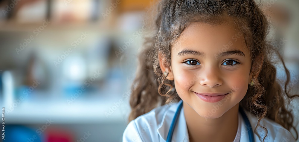 Smiling young girl in a white coat and stethoscope. Smiling young girl in a white coat and stethoscope.