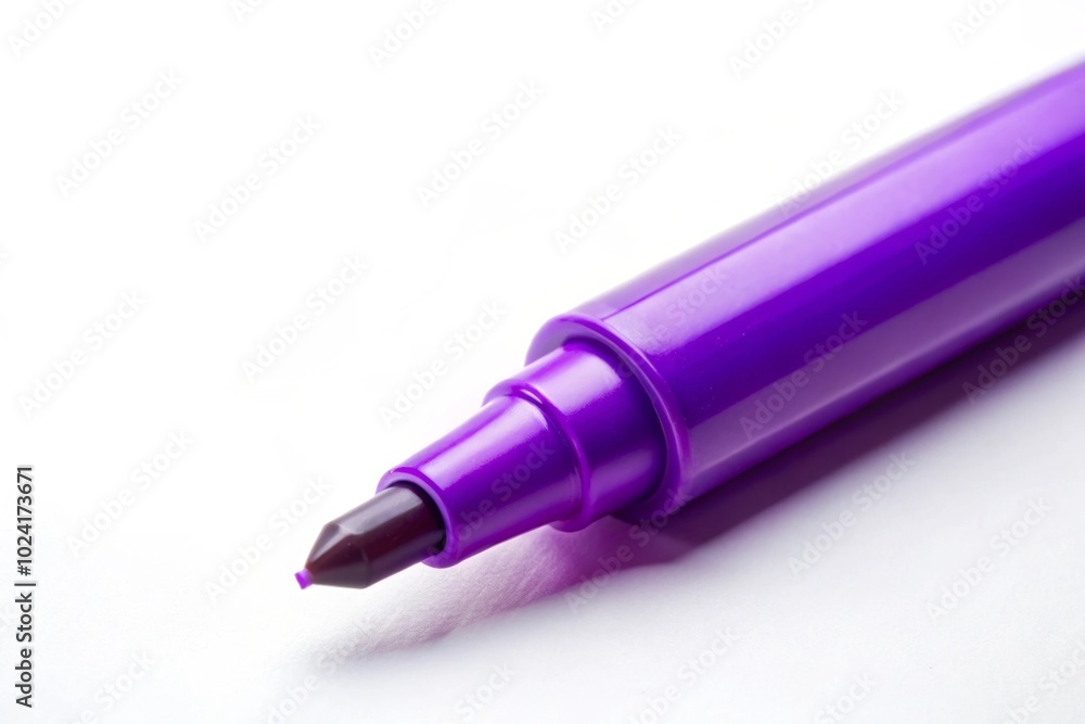 Purple permanent marker laying flat isolated against white background with cap off leading lines Purple permanent marker laying flat isolated against white background with cap off leading lines