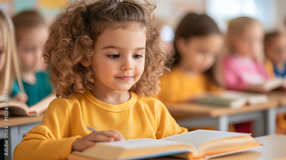 Engaged girl reading in classroom filled with children, showcasing joyful learning atmosphere. Her curly hair and bright yellow sweater add to cheerful environment Engaged girl reading in classroom filled with children, showcasing joyful learning atmosphere. Her curly hair and bright yellow sweater add to cheerful environment