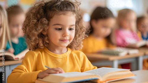 Engaged girl reading in classroom filled with children, showcasing joyful learning atmosphere. Her curly hair and bright yellow sweater add to cheerful environment