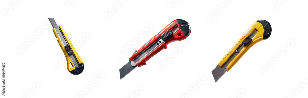 Three utility knives in red, yellow, and black are arranged against a white background. The knives are angled and positioned in different directions. Three utility knives in red, yellow, and black are arranged against a white background. The knives are angled and positioned in different directions.