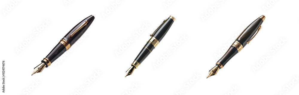 Three fountain pens are shown on a white background. The pens are all black with gold trim. Three fountain pens are shown on a white background. The pens are all black with gold trim.