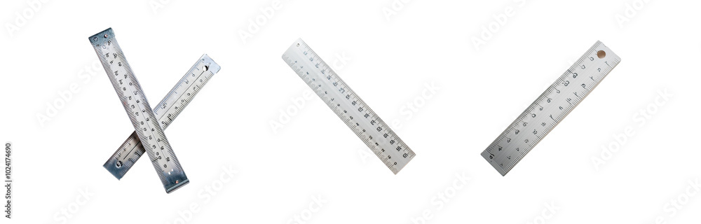 Three metal rulers, one is overlapping the other, on a white background. Three metal rulers, one is overlapping the other, on a white background.
