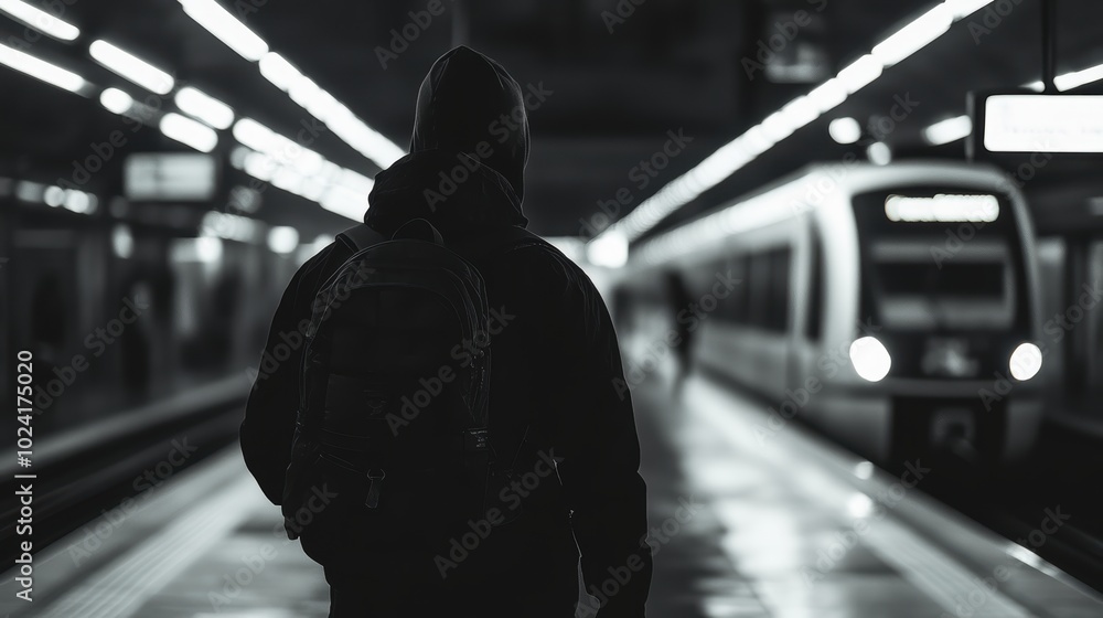Naklejka premium a black-white full body, back view photo of a Backpacker of age 20-25 standing on a metro platform moving metro train on background. cinematic. highly detailed, high resolution for magazine.
