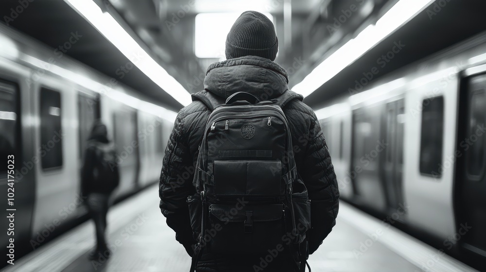 Naklejka premium a black-white full body, back view photo of a Backpacker of age 20-25 standing on a metro platform moving metro train on background. cinematic. highly detailed, high resolution for magazine.