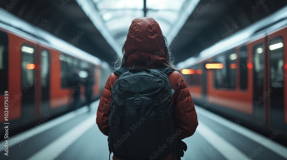 Fototapeta premium a black-white full body, back view photo of a Backpacker of age 20-25 standing on a metro platform moving metro train on background. cinematic. highly detailed, high resolution for magazine.