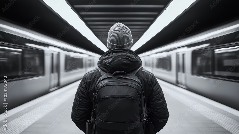 Fototapeta premium a black-white full body, back view photo of a Backpacker of age 20-25 standing on a metro platform moving metro train on background. cinematic. highly detailed, high resolution for magazine.