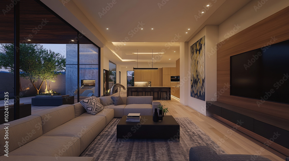 Modern living room with a large sectional sofa, a black coffee table, and a view of the patio.