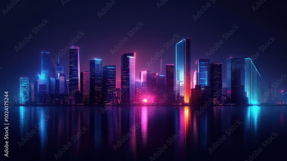 Neon Skyline. Futuristic Cityscape with Cyberpunk Neon Lights in Dark Ambient Setting Neon Skyline. Futuristic Cityscape with Cyberpunk Neon Lights in Dark Ambient Setting