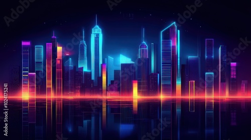 Neon Skyline. Dark and Ambient Cityscape Digital Illustration with Futuristic Sci-Fi Lights