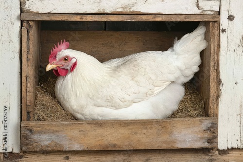 Nesting Box. Buff Orpington Hen in Farm Landscape with Chicken Rooster photo