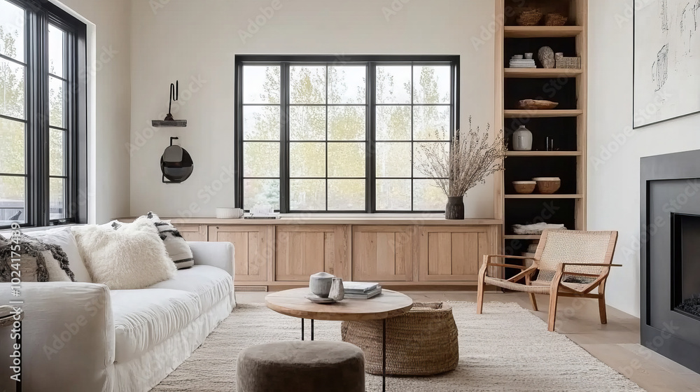 A cozy living room featuring white sofa, wooden cabinetry, and large windows that let in natural light. space is elegantly styled with neutral tones and minimal decor, creating warm atmosphere A cozy living room featuring white sofa, wooden cabinetry, and large windows that let in natural light. space is elegantly styled with neutral tones and minimal decor, creating warm atmosphere