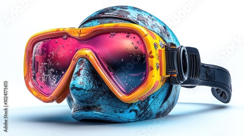 Colorful diving mask and helmet resting on a textured surface.