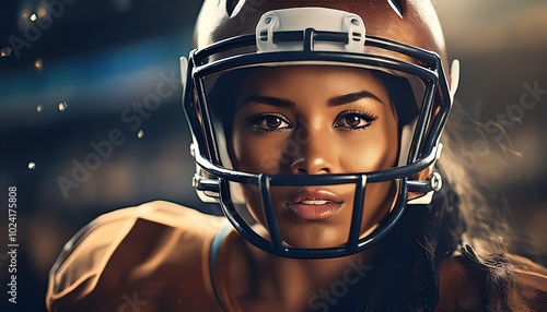 A fierce female football player in a helmet, showcasing determination and strength on the field with intense focus.