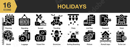 Holidays solid icon set. Includes hotel, plan, luggage, party, passport, and More. Solid icons vector collection.