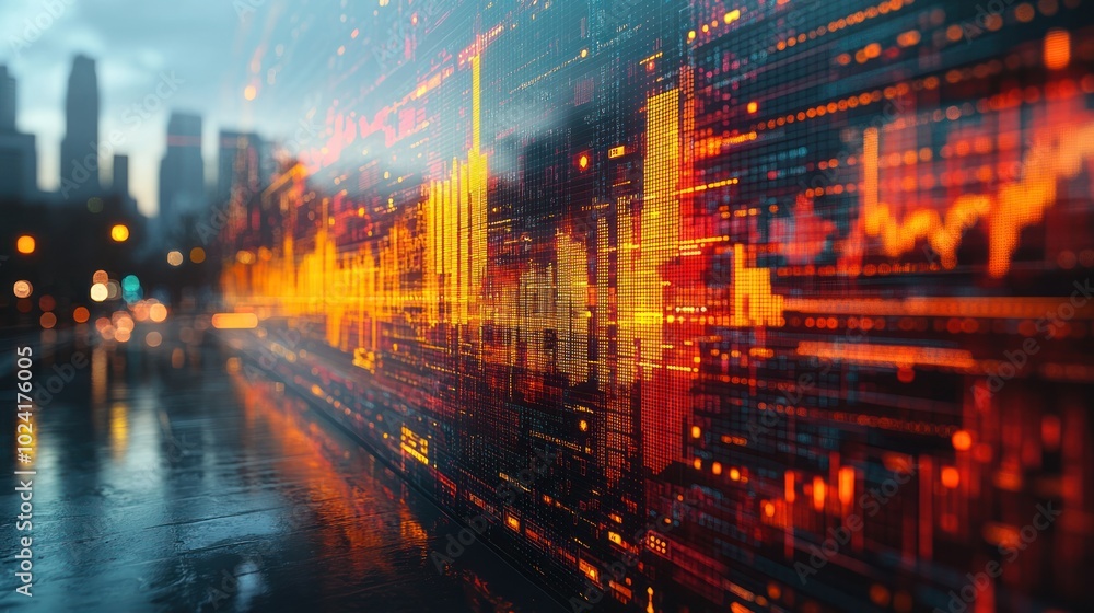 Abstract digital data and glowing lines on a futuristic screen in a modern city. Abstract digital data and glowing lines on a futuristic screen in a modern city.