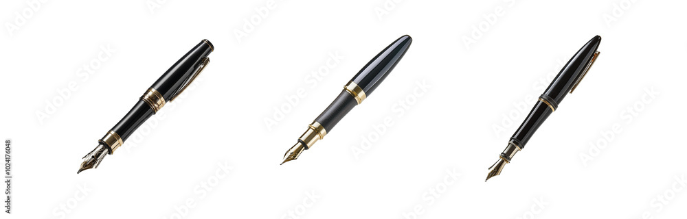 Naklejka premium Three black and gold fountain pens are placed on a white surface.