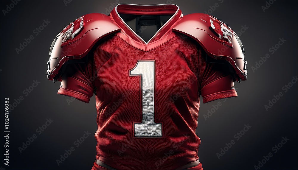 Fototapeta premium A striking red football uniform featuring bold shoulder pads and the number 1 prominently displayed on the front.