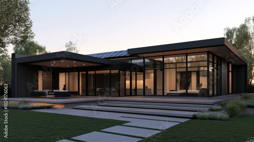 Modern black home with large windows and a deck.