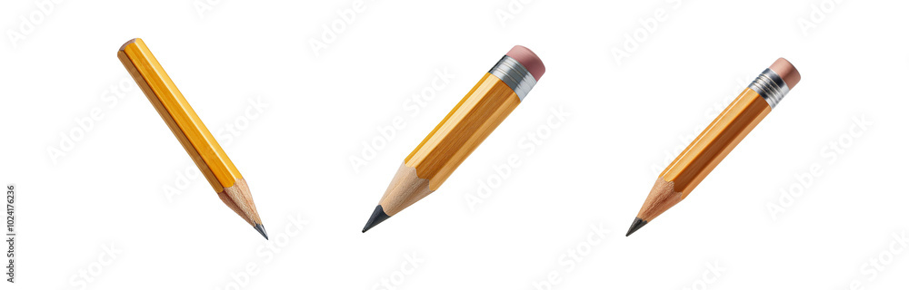 Three pencils with erasers on a white background. Three pencils with erasers on a white background.