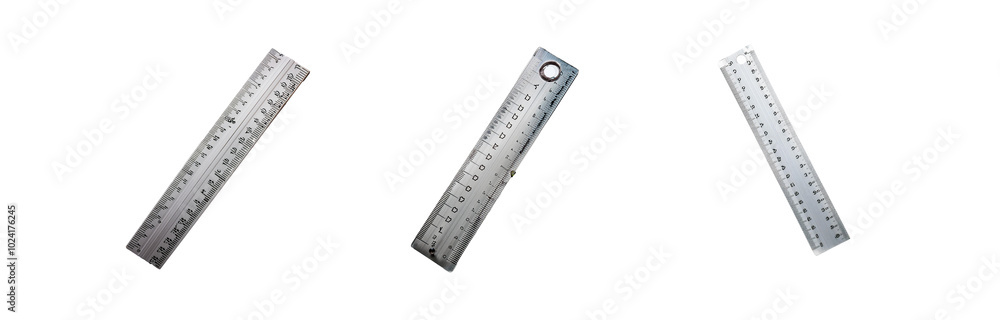 Three metal rulers isolated against a white background. Three metal rulers isolated against a white background.