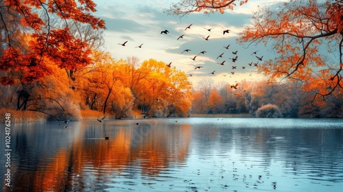 Tranquil Autumn Landscape with a Flock of Birds Over a Lake