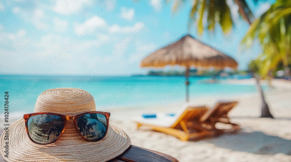Relaxing Beach Scene with Sunglasses and Hat Relaxing Beach Scene with Sunglasses and Hat