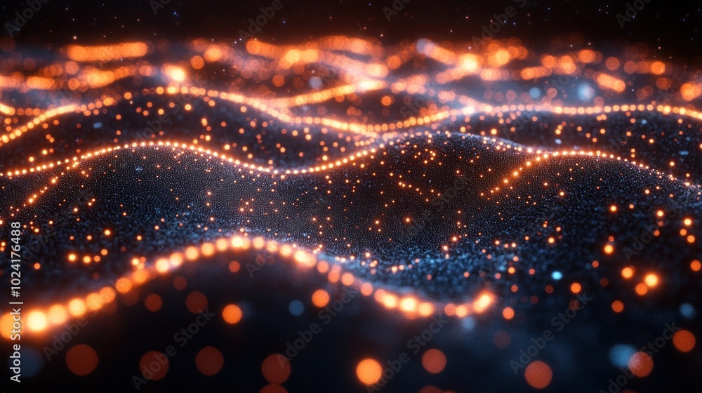 Abstract glowing wave of particles in orange and blue colors on a black background. Abstract glowing wave of particles in orange and blue colors on a black background.
