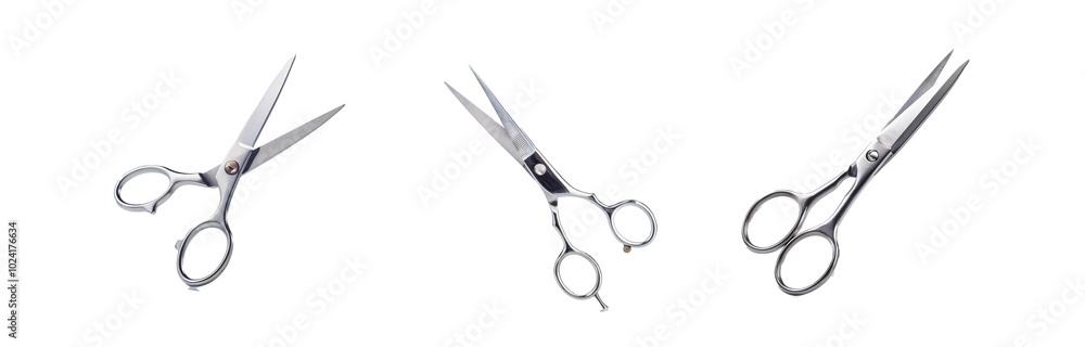 Three pairs of scissors are arranged in a row against a white background.