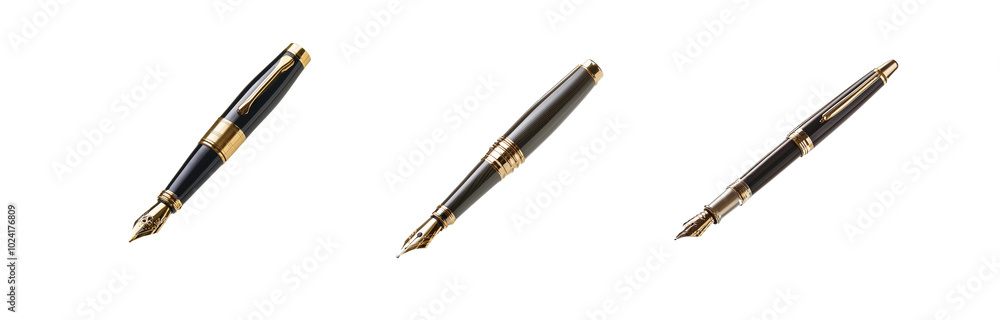 Three fountain pens with gold accents and different colored barrels are positioned at angles on a white background. Three fountain pens with gold accents and different colored barrels are positioned at angles on a white background.