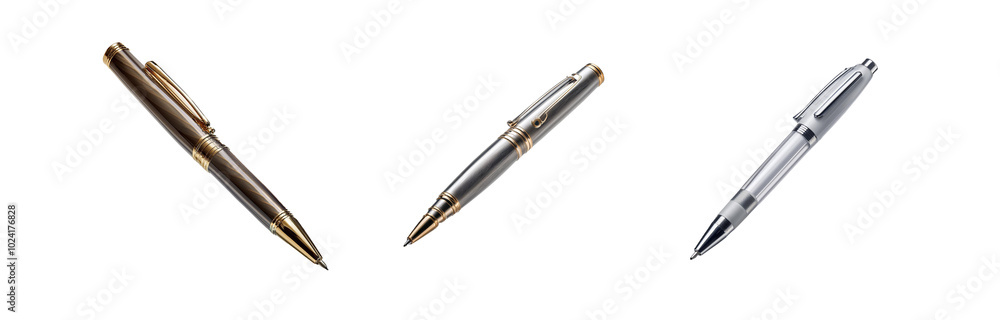 Three pens, each with a unique design, are arranged diagonally on a white background. Three pens, each with a unique design, are arranged diagonally on a white background.