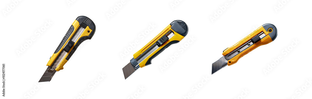 Three yellow utility knives with black handles isolated on a white background. Three yellow utility knives with black handles isolated on a white background.