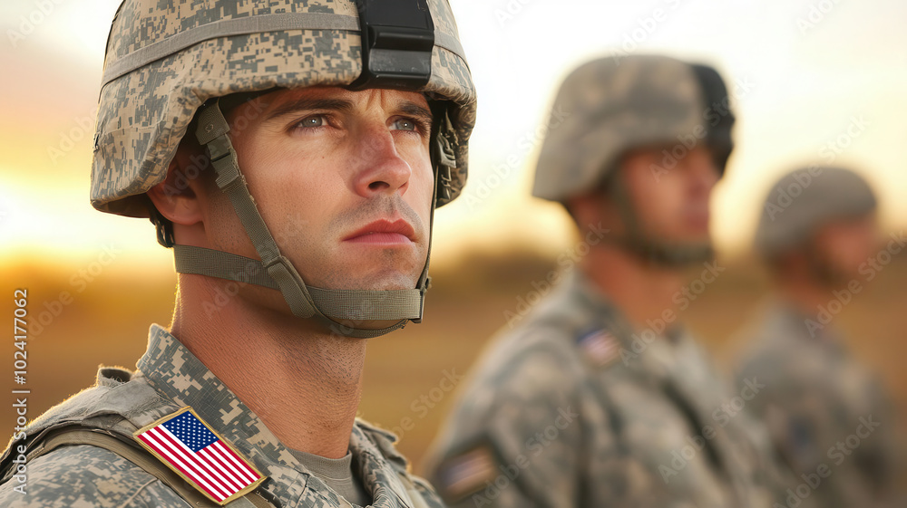 Soldiers in combat gear with the American flag patch on their sh Soldiers in combat gear with the American flag patch on their sh