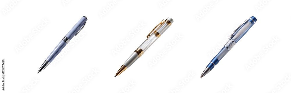 Naklejka premium Three pens of different colors and designs are lined up on a white surface.