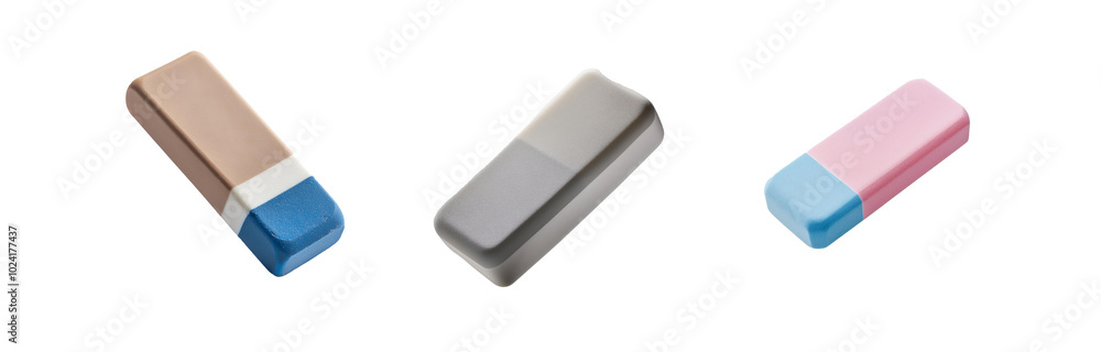 Three rectangular erasers with different colored sections isolated on a white background. Three rectangular erasers with different colored sections isolated on a white background.
