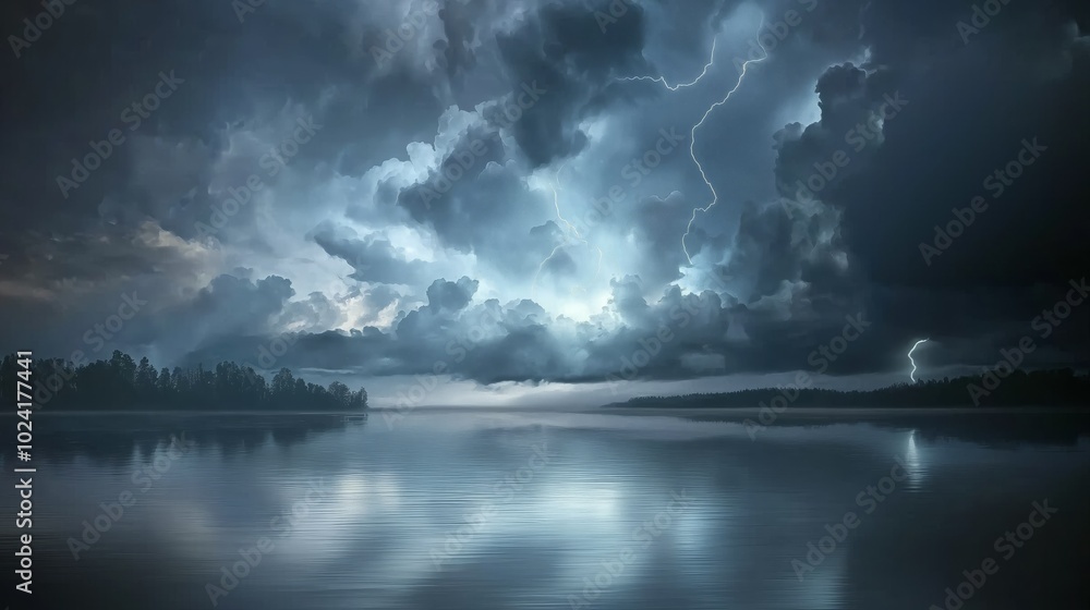Dark Stormy Sky Over Calm Lake with Thunder Dark Stormy Sky Over Calm Lake with Thunder
