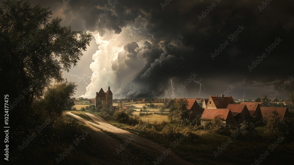 Fototapeta premium Approaching Ominous Storm Over Quiet Landscape