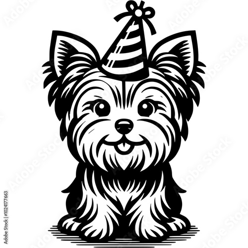 Sitting Yorkshire Terrier with a festive hat on his head in monochrome. Simple minimalistic vector in black ink drawing on transparent background