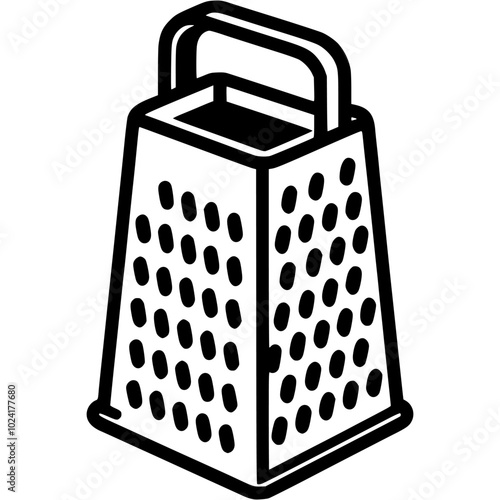 Grater for vegetables in monochrome. Simple minimalistic vector in black ink drawing on transparent background
