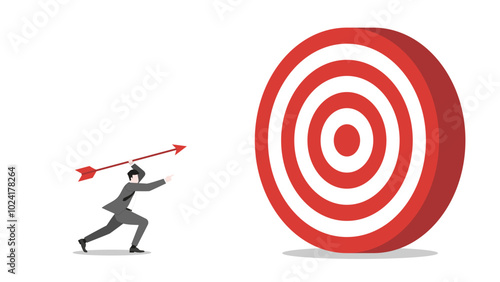 A businessman aiming and throwing an arrow toward a business target, precision, focus, and determination in achieving success and corporate goals. Business ambition and strategic planning concept
