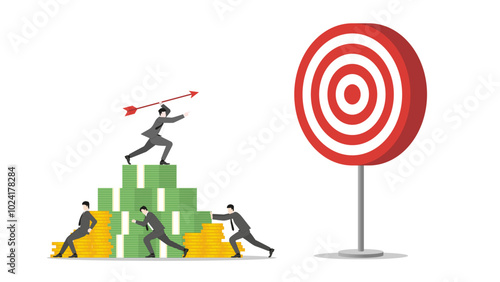A businessman stands on money stack, aiming and throwing an arrow to a business target. Teamwork support, determination in achieving success and corporate goals. Business ambition and strategic plan