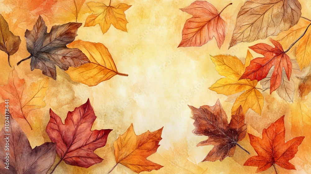 Charming watercolor of autumn leaves in warm tones, scattered around a Thanksgiving scene. Charming watercolor of autumn leaves in warm tones, scattered around a Thanksgiving scene.