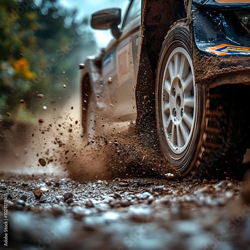 Extreme close-up of a rally car tire throwing gravel as it powers through a tight curve, the intensity of speed and control visible