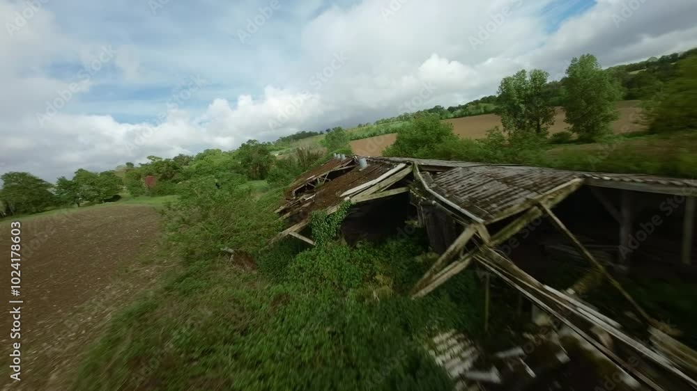 Abandoned buildings on a farm in England. Aerial view. Abandoned buildings on a farm in England. Aerial view.