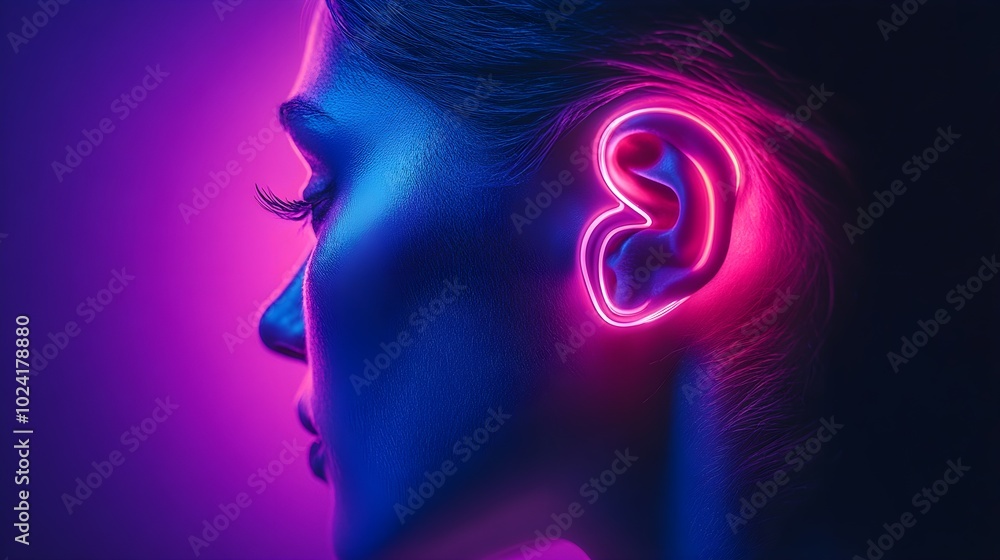 Abstract image of a human ear with glowing Bluetooth headphones, neon colors, cyberpunk style, tech innovation Abstract image of a human ear with glowing Bluetooth headphones, neon colors, cyberpunk style, tech innovation