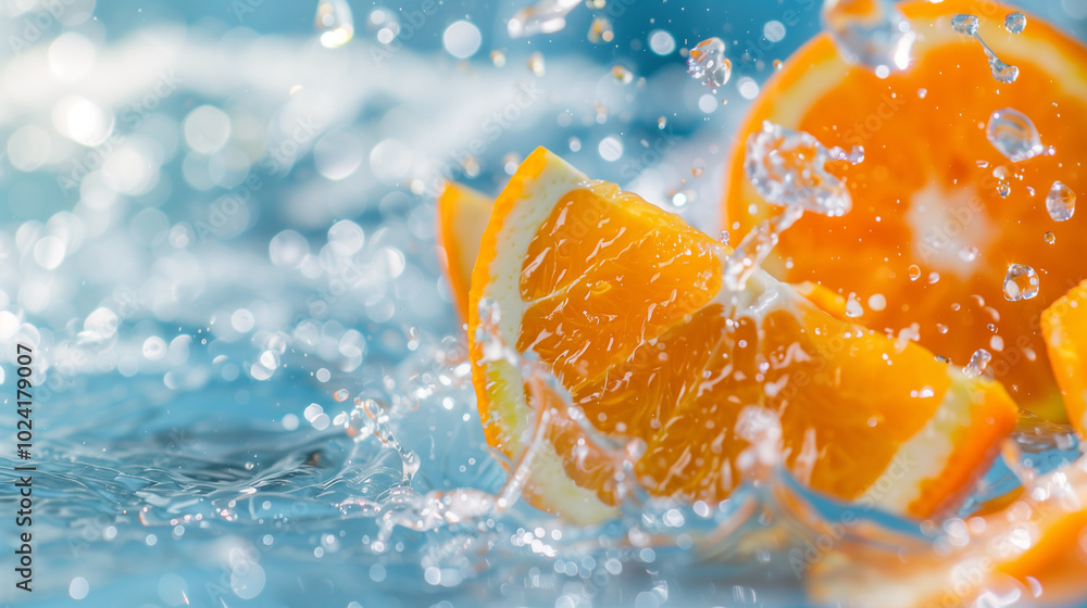 Fresh orange slices splashing in water Fresh orange slices splashing in water