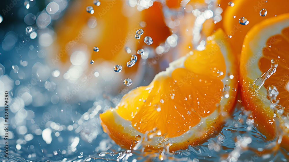 Fresh orange slices splashing in water Fresh orange slices splashing in water