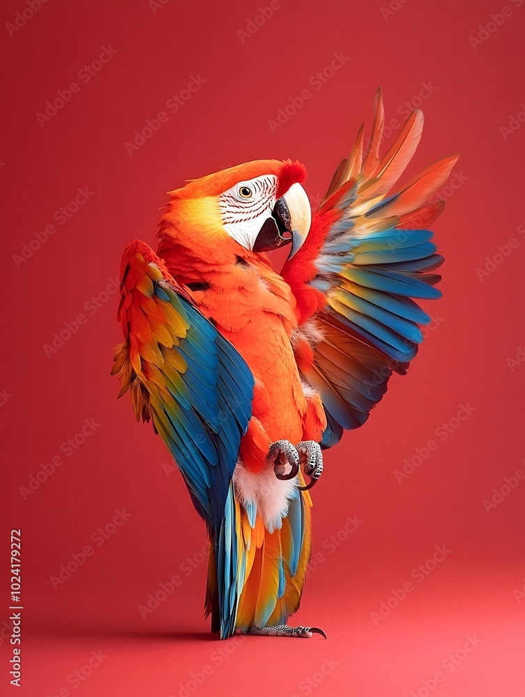 Fototapeta premium Vibrant Macaw Bird Performing Dab Pose Against Crimson Background