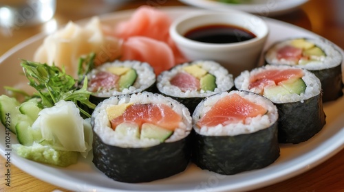 A beautiful plate of gluten-free sushi rolls, made with fresh fish, avocado, and cucumber, served with tamari soy sauce and garnished with pickled ginger