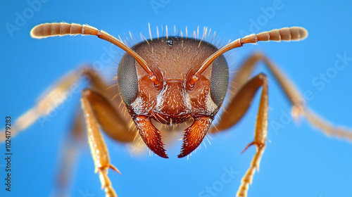 A close-up portrait of a fire ant reveals its intricate features and powerful mandibles.